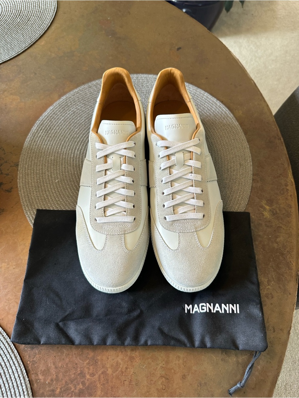 Magnanni Men’s Leather & Suede Sneakers in White with Tan Lining - Picture 1 of 6